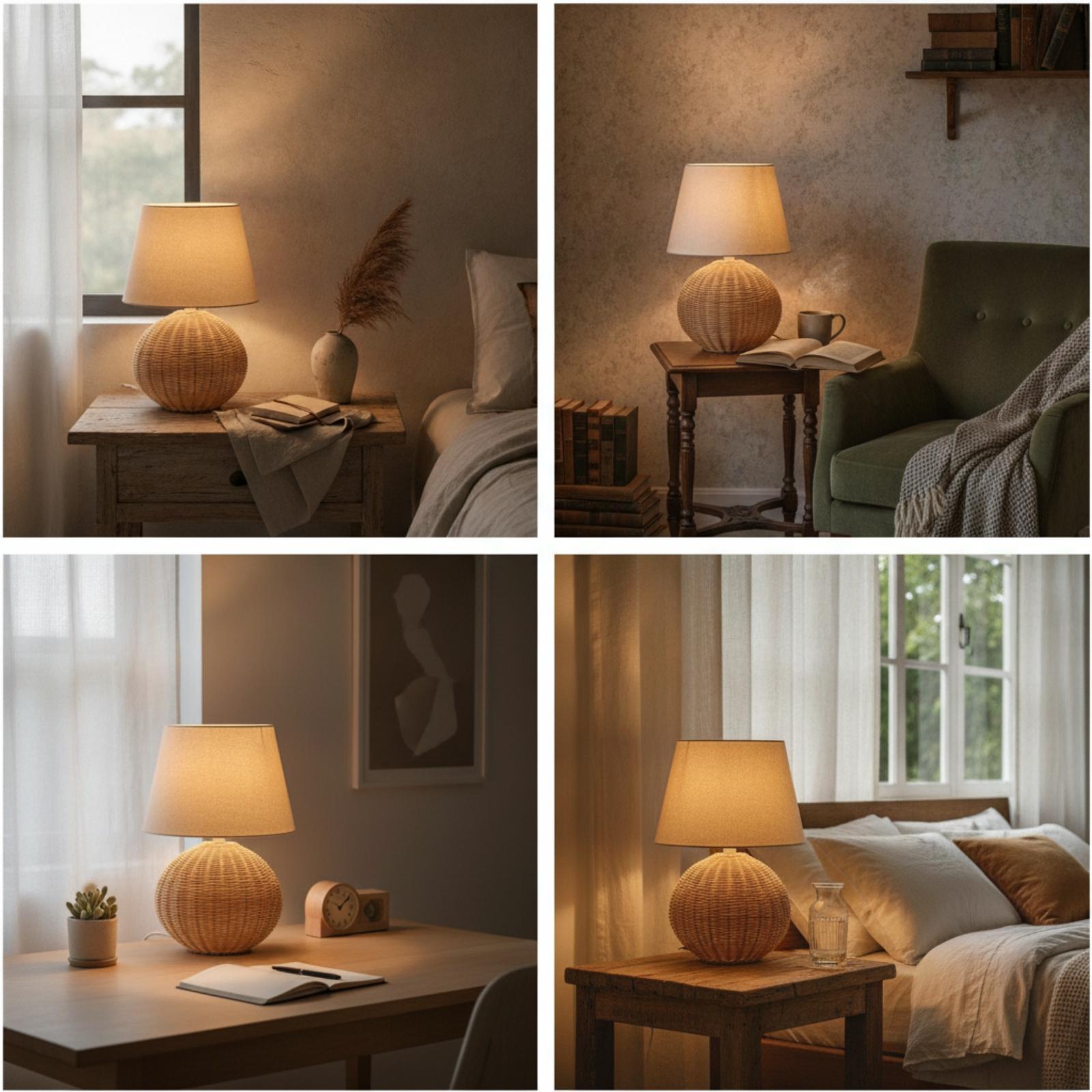 Bedside Lamp Rattan Base Fabri - Lighting Decor Room ulasan dan harga