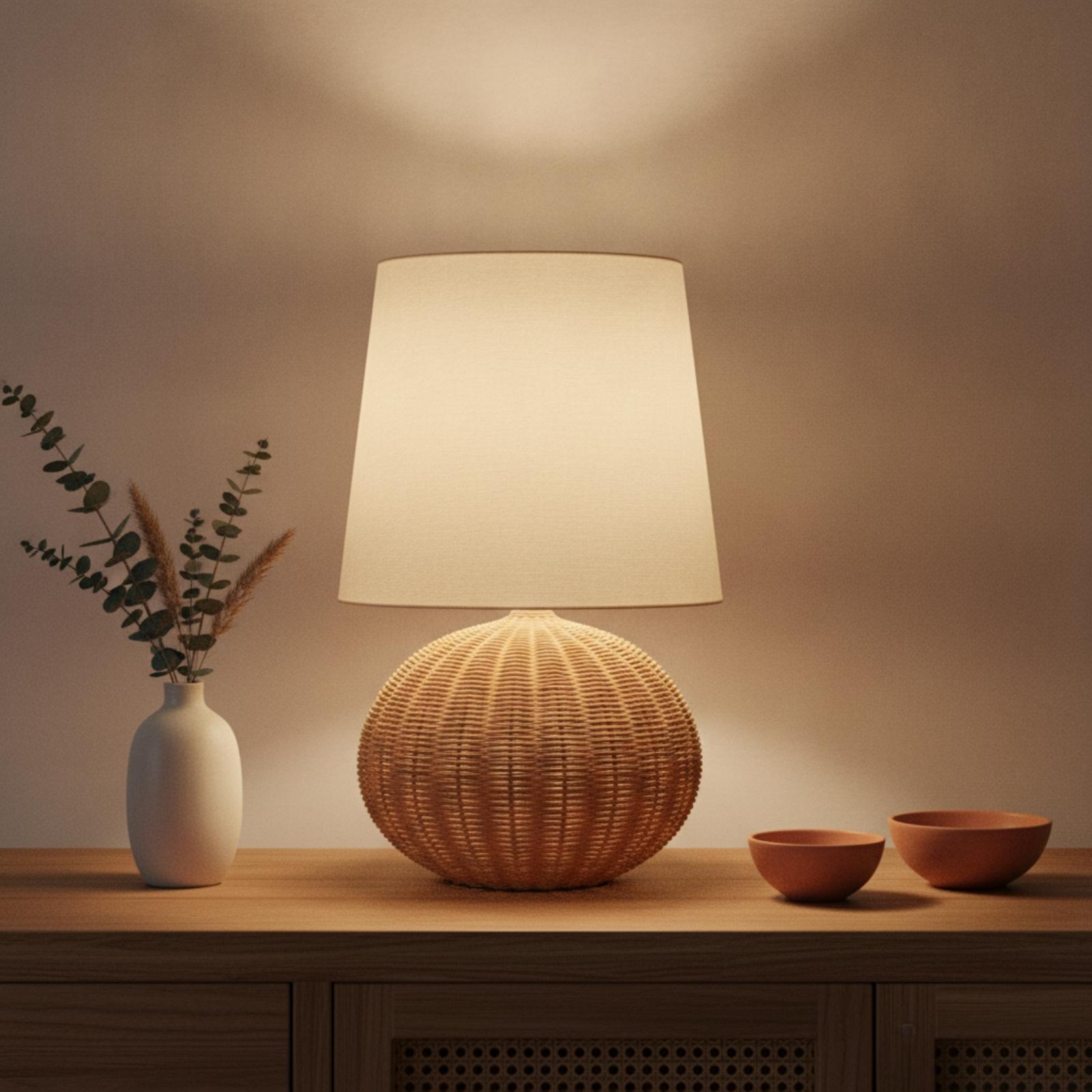 Bedside Lamp Rattan Base Fabri - Lighting Decor Room ulasan dan harga